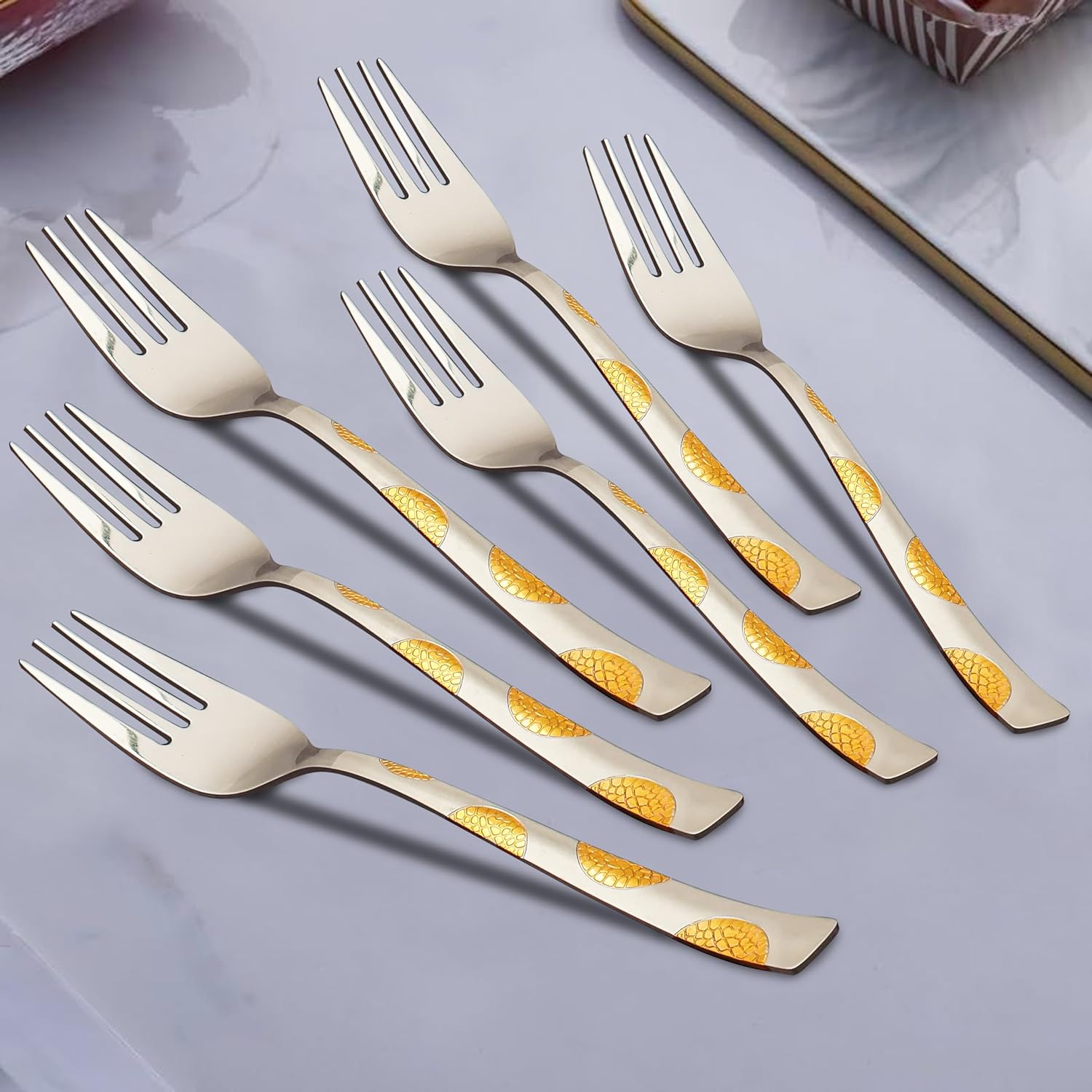 6-Piece Stainless Steel 24K Gold Forks Set, 16 cm | Premium Luxury Dining Cutlery, Moonpress Design, Ideal Gift for Home & Kitchen6PPMNPGOLDBF1 1