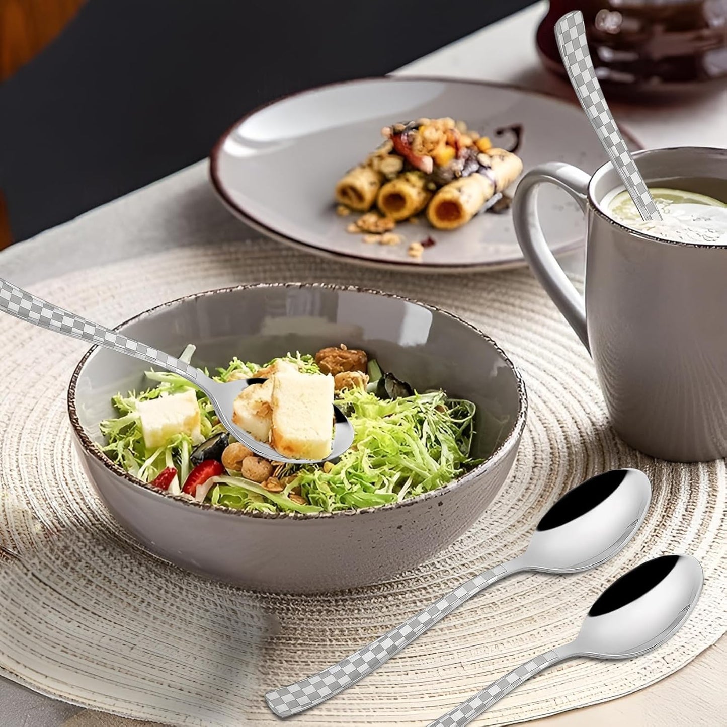 6 Pieces Stainless Steel Premium Dinner Spoon Set, 18.5 cm, Silver, Checks Design 6CHESSDS 5