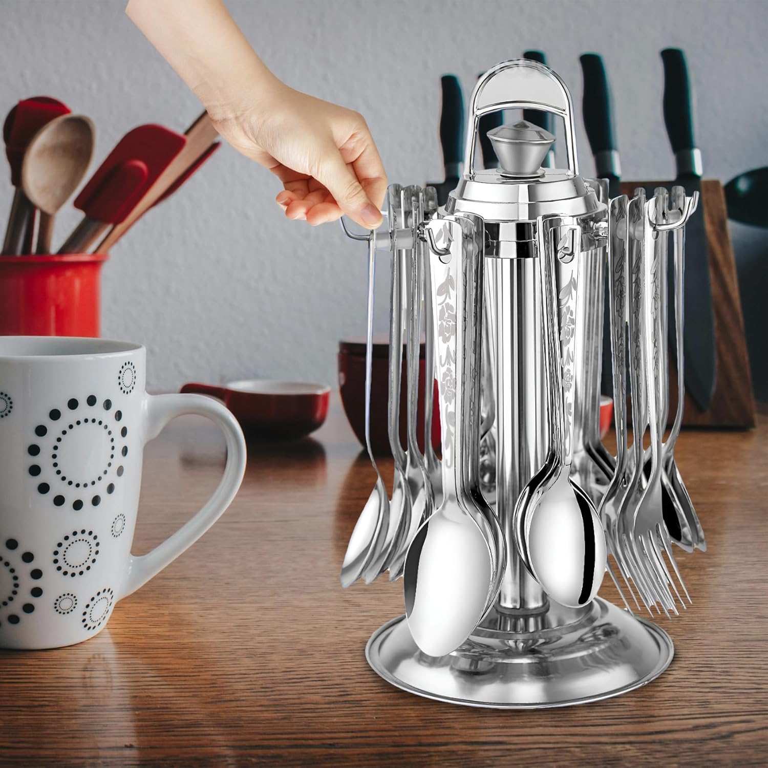25 Pcs Stainless Steel Cutlery Set with Stand for Home & Kitchen | Silver Tableware SHAGUN1080PARAG 5