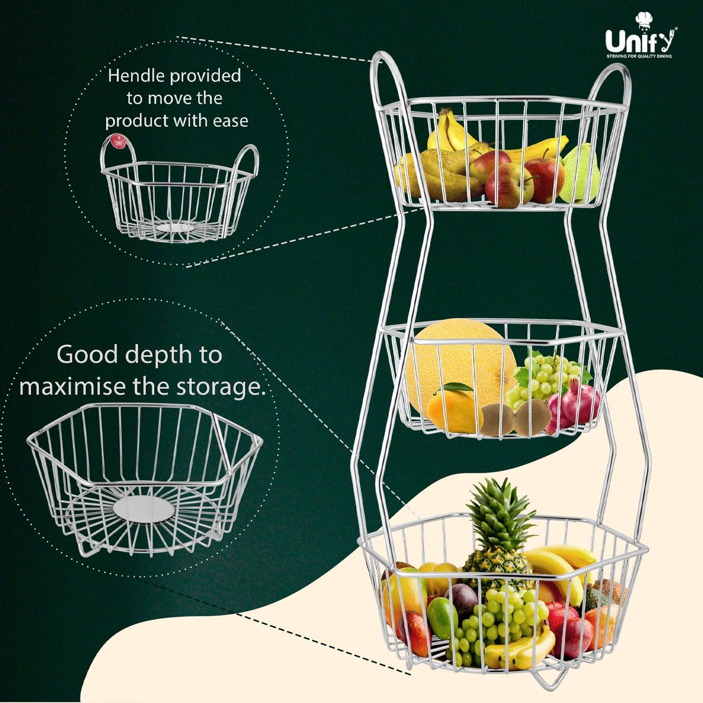 3-Tier Stainless Steel Fruit Basket - Hexagonal, Kitchen & Dining Table StandHEXA3TIER1 4