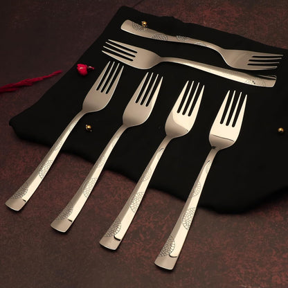 6 Pieces Stainless Steel Forks Set, 19 cm Premium Silver Dining Cutlery with Moonpress Design - Luxury Forks for Home & Kitchen6PPMNPDF1 1