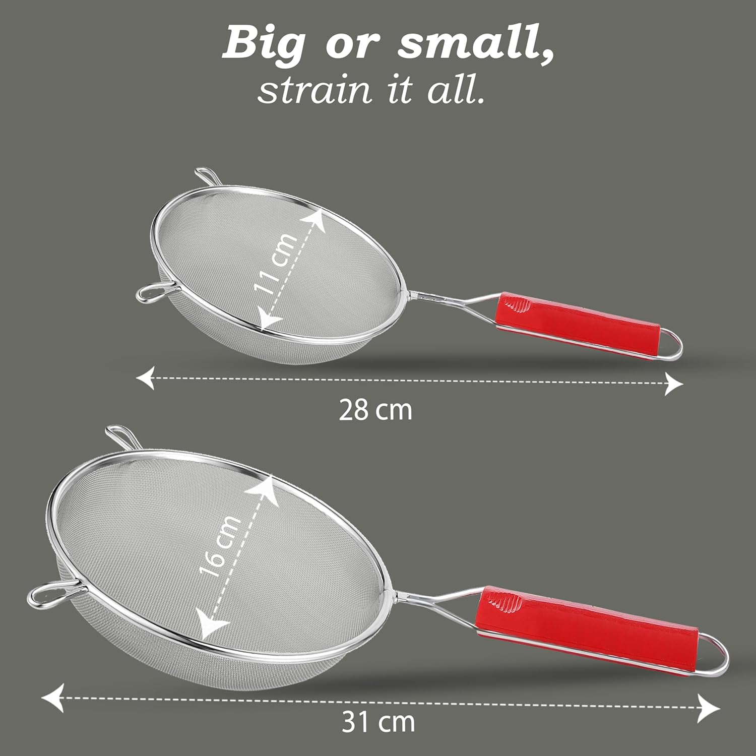 2-Piece Stainless Steel Soup & Juice Strainer Set | Large Chalni with Red Handle | Kitchen Use 7OR8SOUPSTRAINER 2