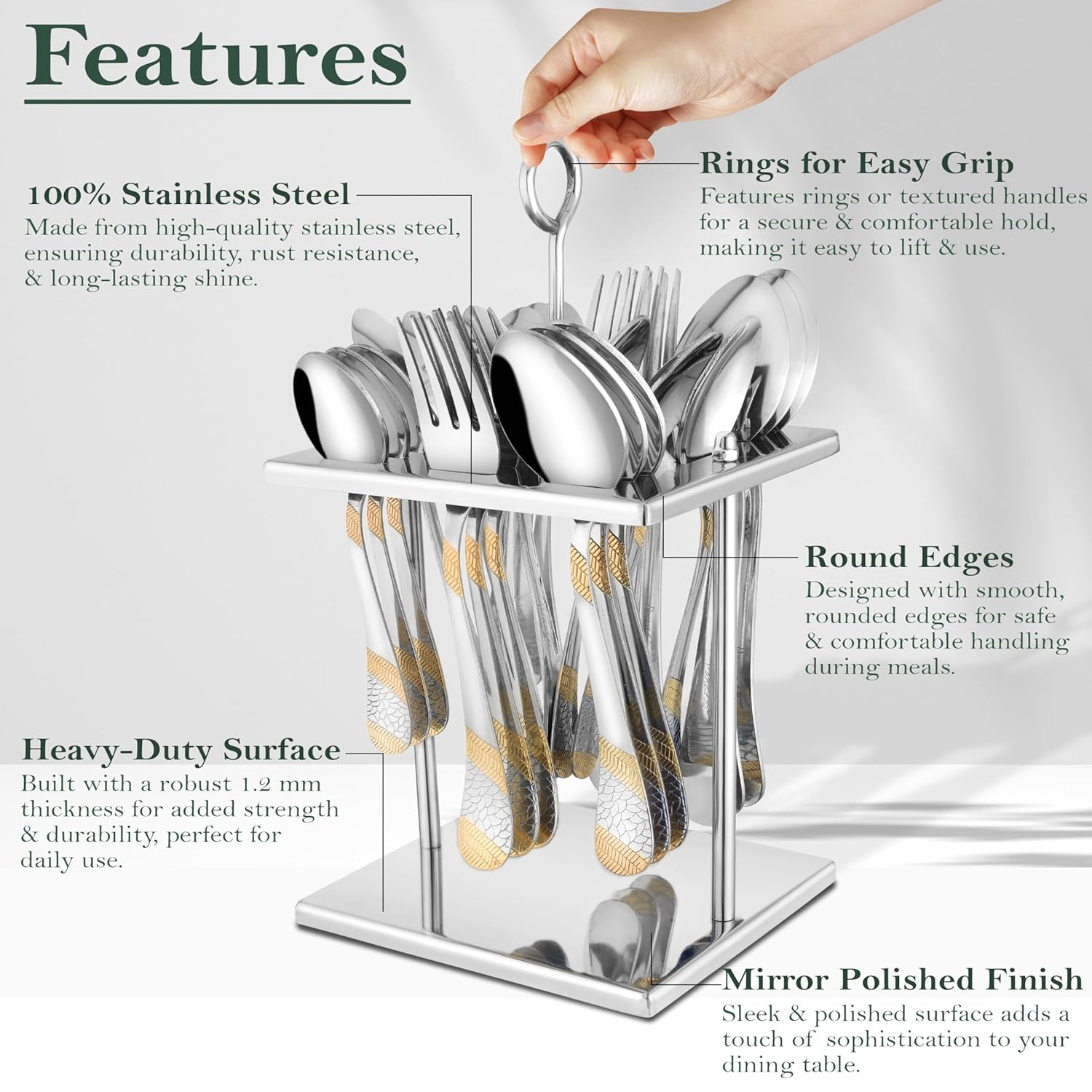 25-Piece Luxury Stainless Steel Golden Cutlery Set | 24K Gold Plated Spoons & Forks, Stand Included - Home & Dining TablePPSAPIMPLG1 4