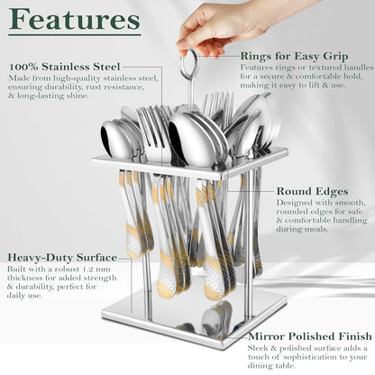 25-Piece Luxury Stainless Steel Golden Cutlery Set | 24K Gold Plated Spoons & Forks, Stand Included - Home & Dining TablePPSAPIMPLG1 4