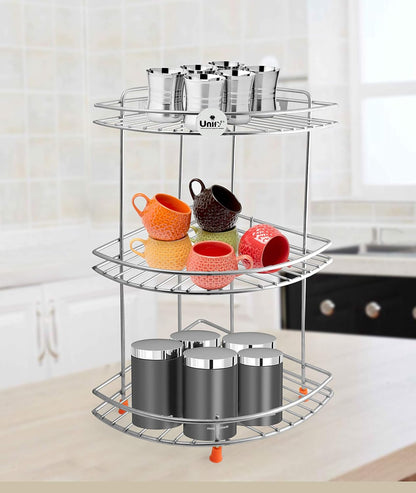 3-Tier Stainless Steel Kitchen Rack | Multipurpose Organizer & Corner Shelf for Kitchen & Bathroom, 23×23×48 cm (Chrome)93cornerstand1 4