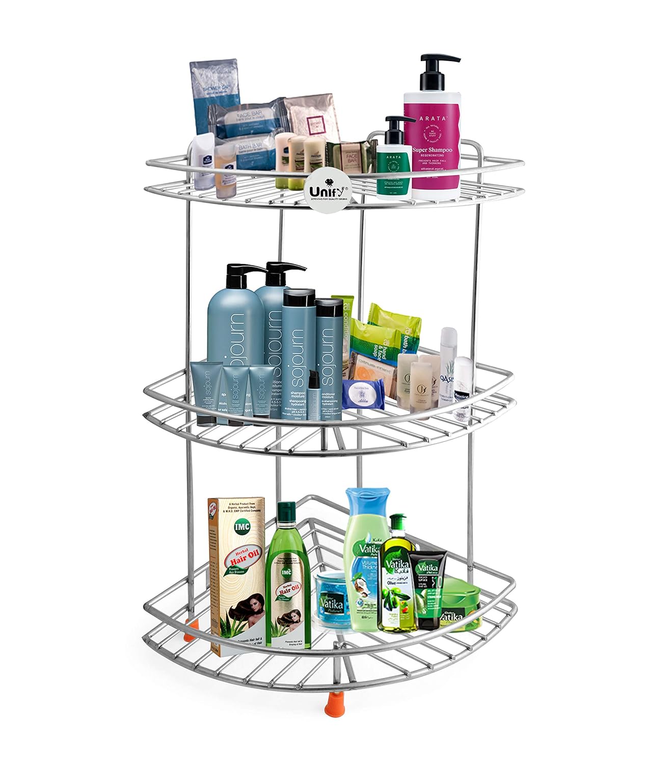 3-Tier Stainless Steel Kitchen Rack | Multipurpose Organizer & Corner Shelf for Kitchen & Bathroom, 23×23×48 cm (Chrome)93cornerstand1 1