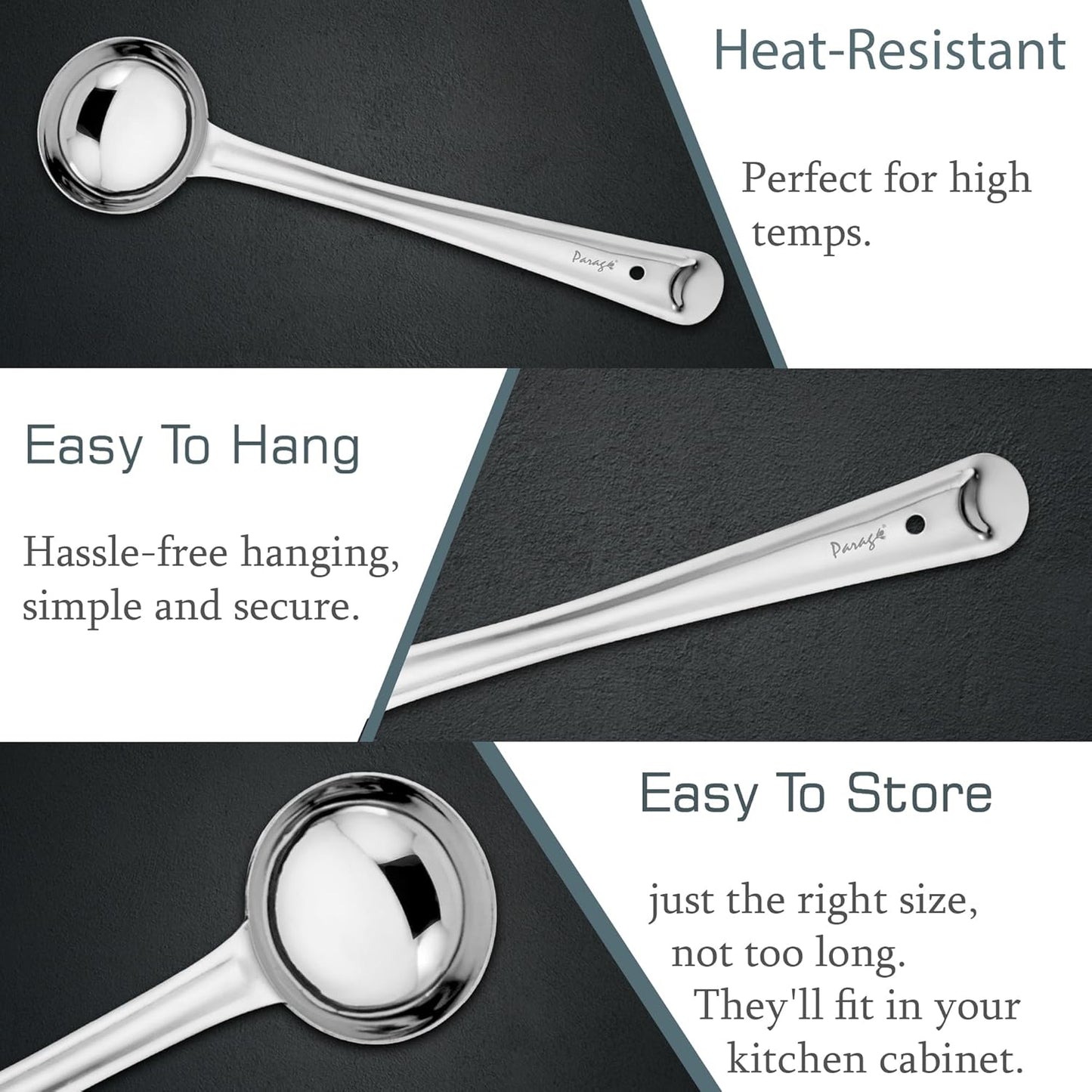 3-Piece Stainless Steel Ladle Set | Karchi/Soup Ladle/Kalchun, Silver (12.5” x1 & 11” x2)