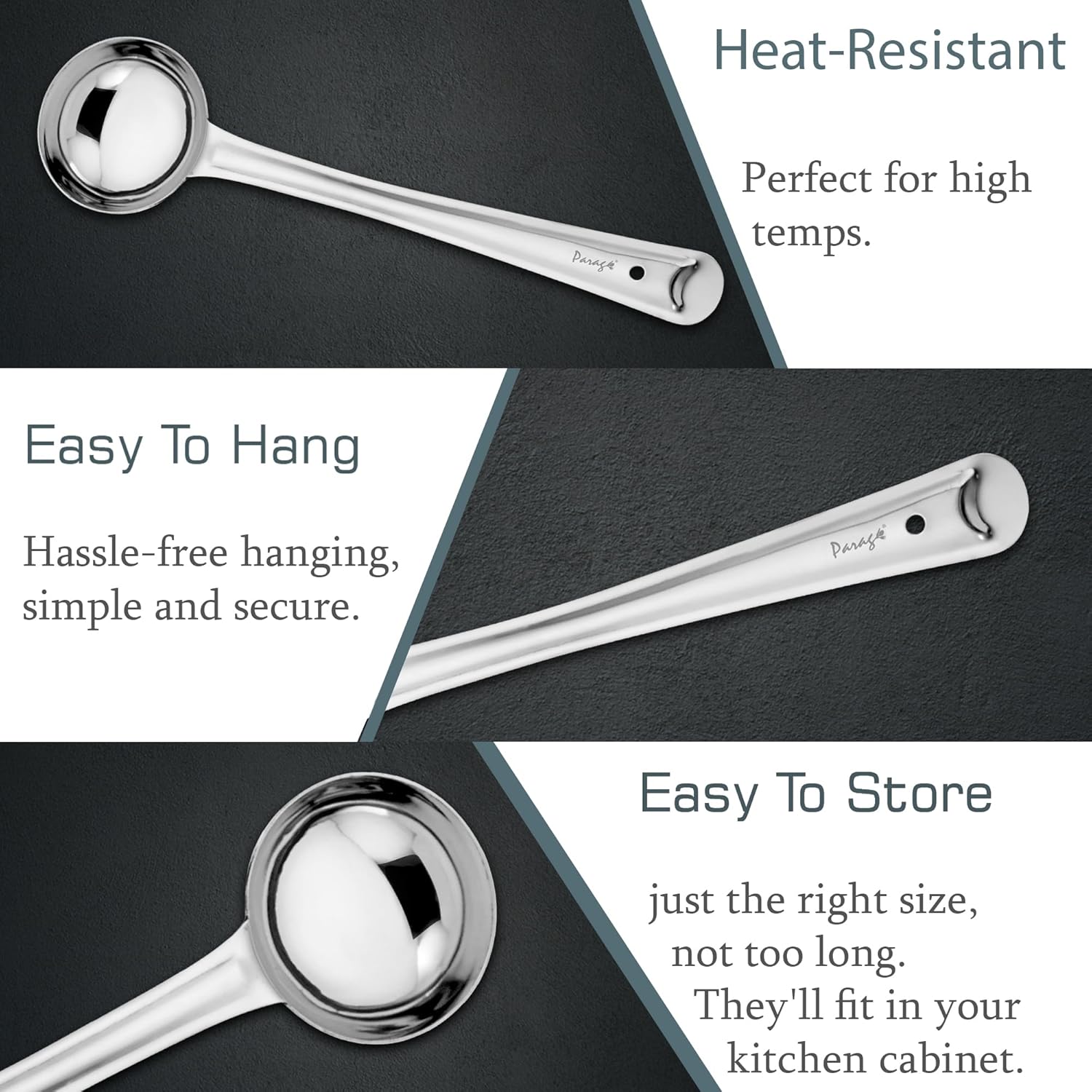 3-Piece Stainless Steel Ladle Set | Karchi/Soup Ladle/Kalchun, Silver (12.5” x1 & 11” x2)