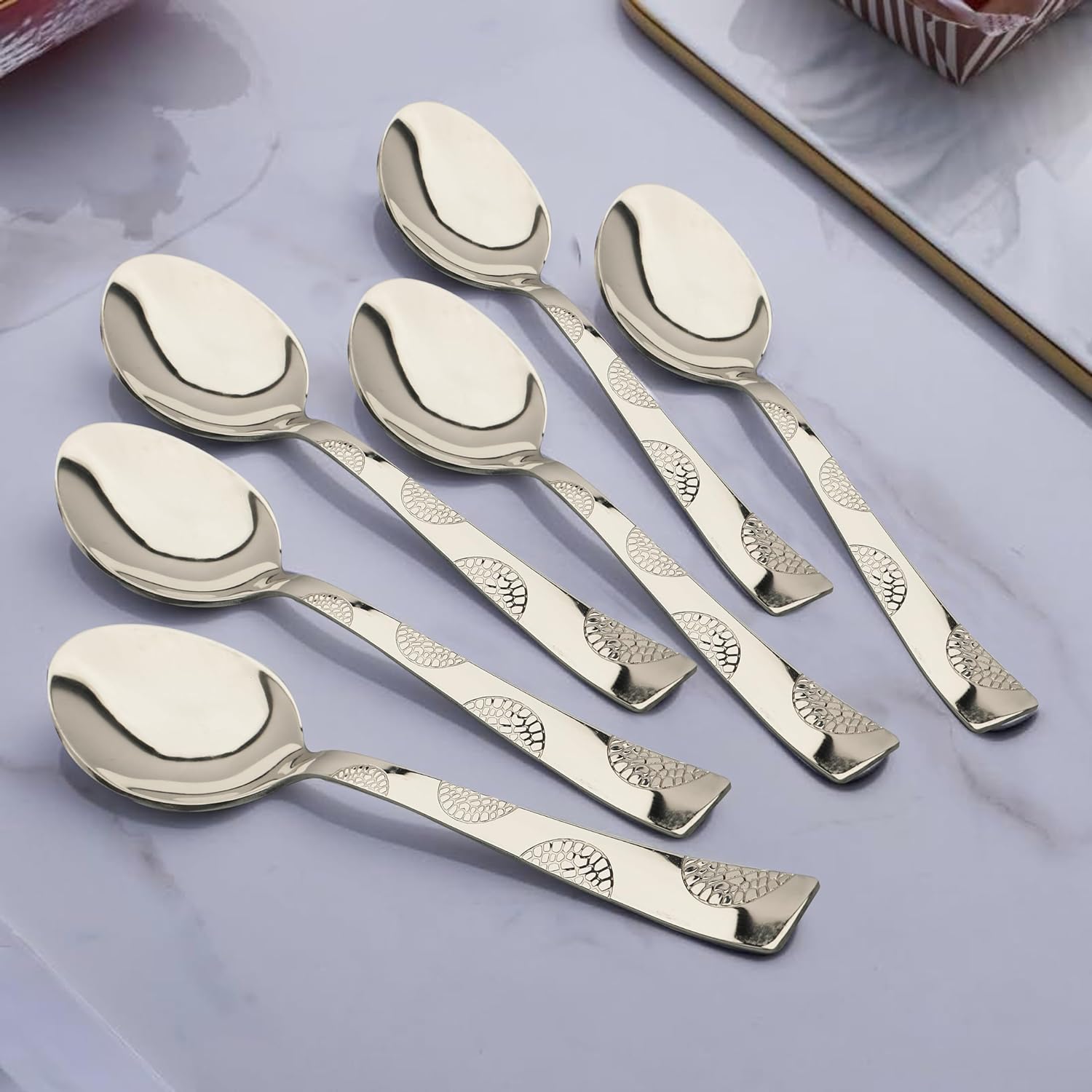6 Pcs Stainless Steel Dinner Spoon Set | 15.5cm, Premium Spoons for Home & Kitchen, Luxury Tableware, Housewarming Gift, Silver, Moonpress Design 6PPMNPBS 1