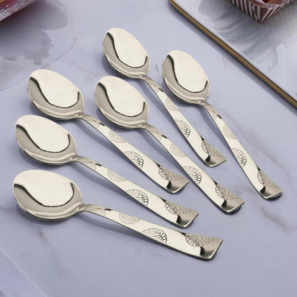 6 Pcs Stainless Steel Dinner Spoon Set | 15.5cm, Premium Spoons for Home & Kitchen, Luxury Tableware, Housewarming Gift, Silver, Moonpress Design 6PPMNPBS 1