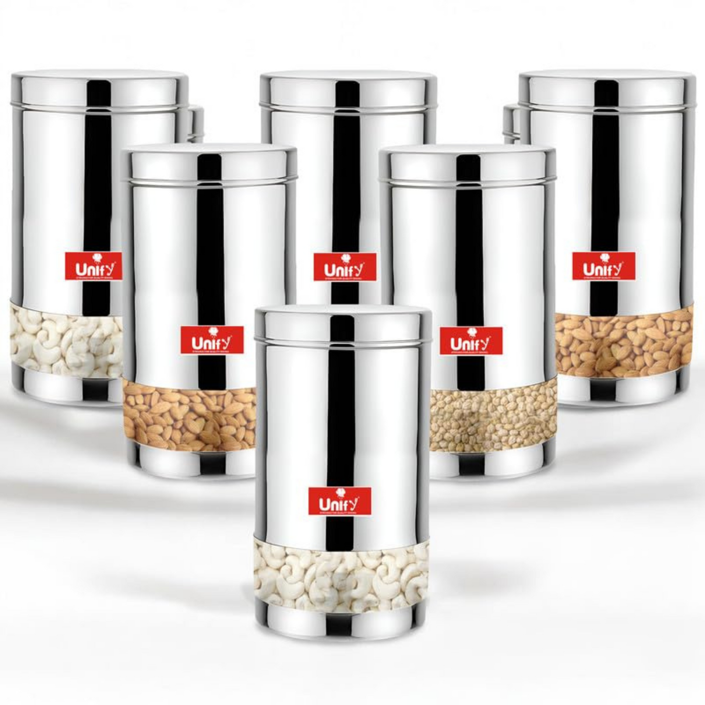6-Piece Stainless Steel Container Set | 900ML Airtight Jars for Home & Kitchen - Ideal for Spices, Food Grains, Nuts, Glossy Finish
