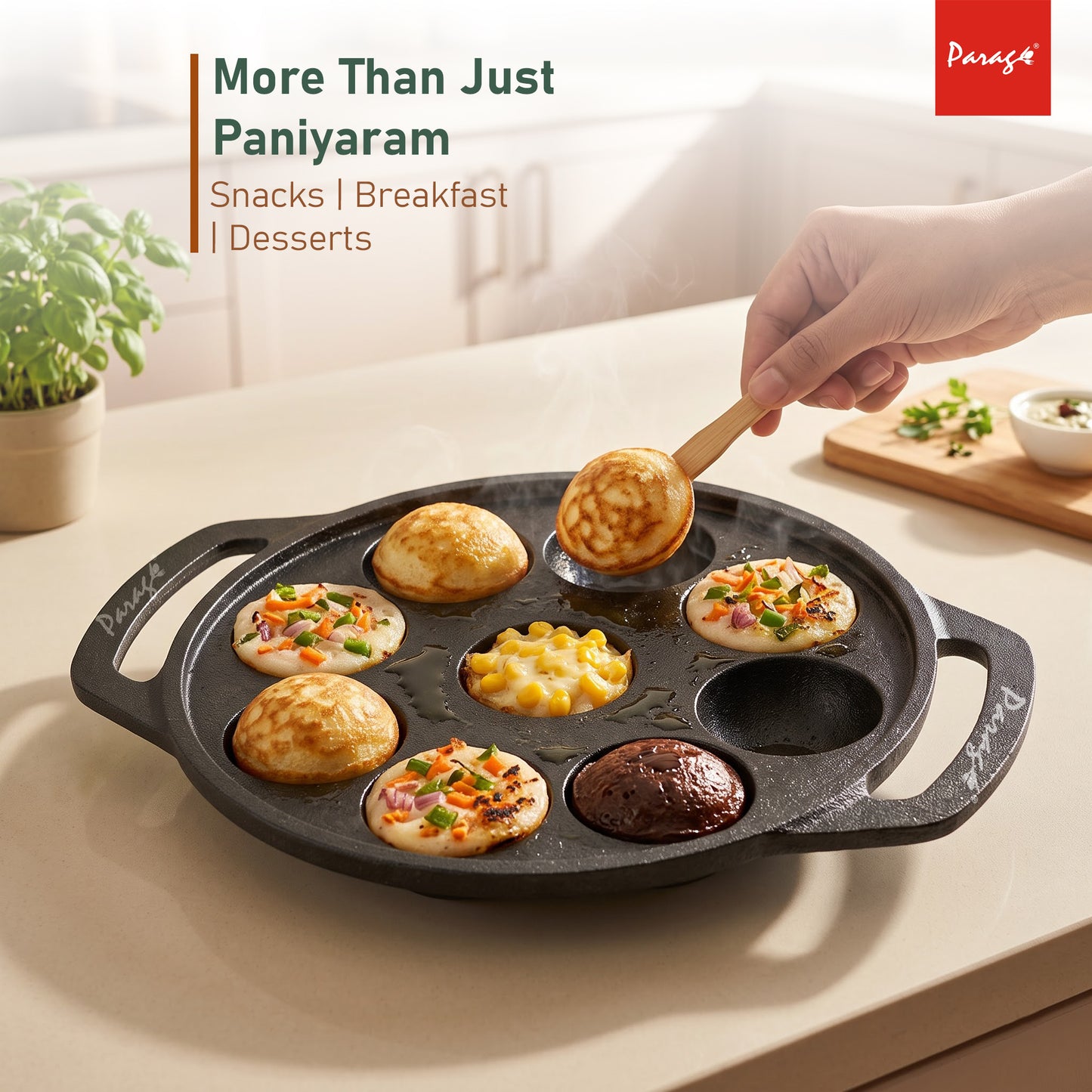 Cast Iron Paniyaram Appe Pan, 9 Pits, Appam Maker & Paniyaram Tawa, Heavy Duty Naturally Non-Stick Cast Iron Cookwar – Parage