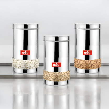 3-Piece Stainless Steel Container Set | 900ML Airtight Jars for Home & Kitchen - Ideal for Spices, Food Grains, Nuts, Glossy Finish