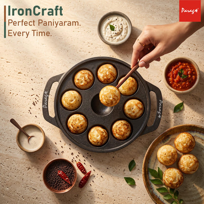 Cast Iron Paniyaram Appe Pan, 9 Pits, Appam Maker & Paniyaram Tawa, Heavy Duty Naturally Non-Stick Cast Iron Cookwar – Parage