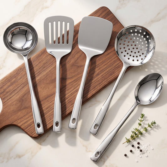 5-Piece Premium Stainless Steel Kitchen Tool Set | Cooking Utensils, Silver (Design 2)