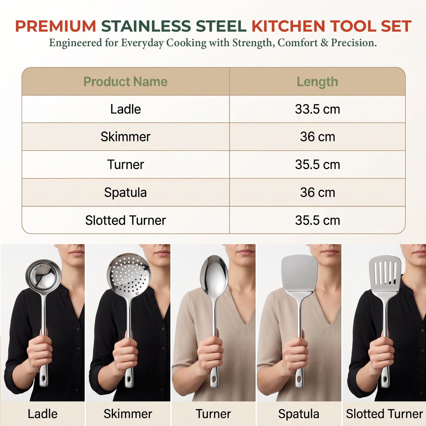Kitchen Cooking Tool Set | 5 piece | Stainless Steel | Silver | Premium