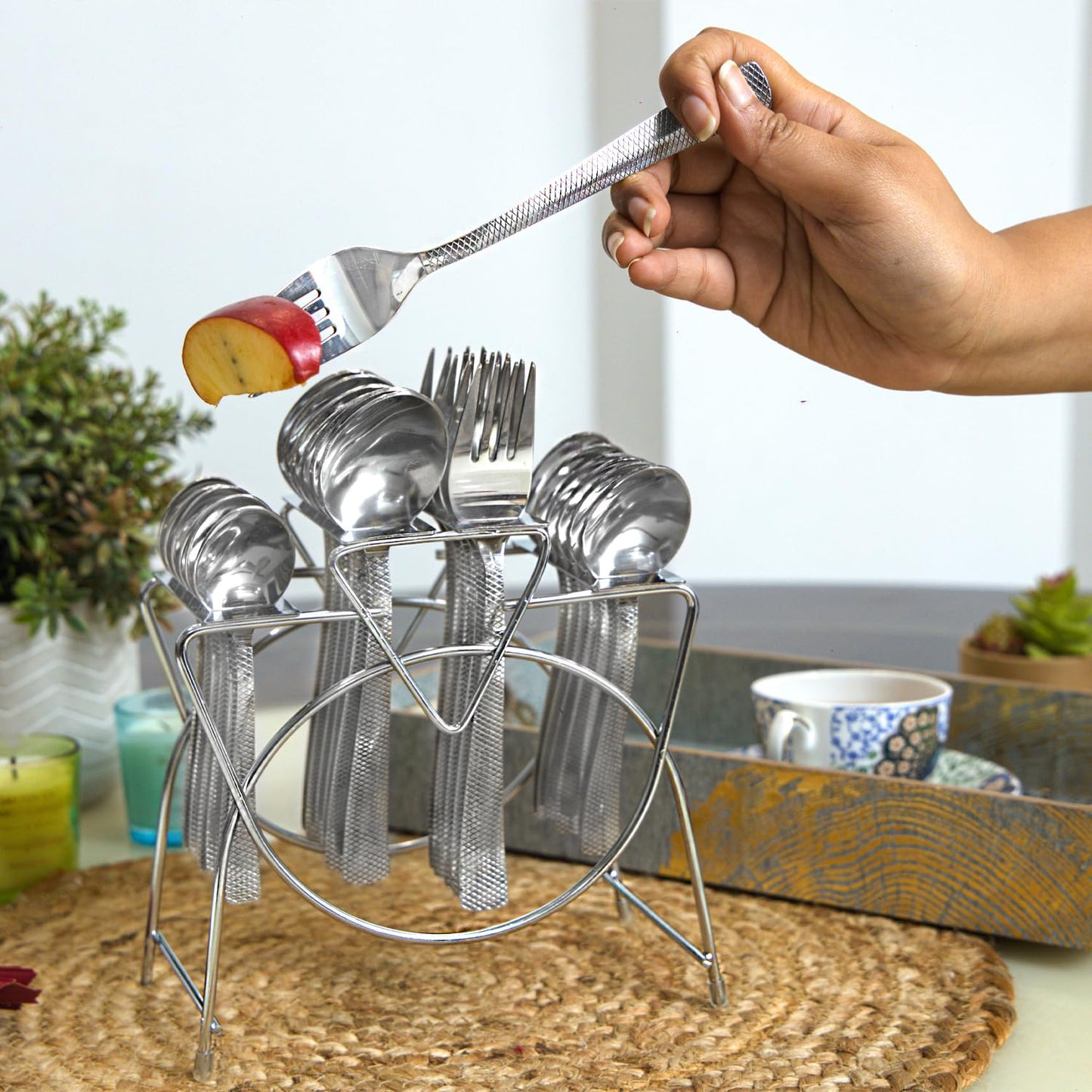 25 Pcs Premium Stainless Steel Cutlery Set with Stand for Home & Kitchen | Silver