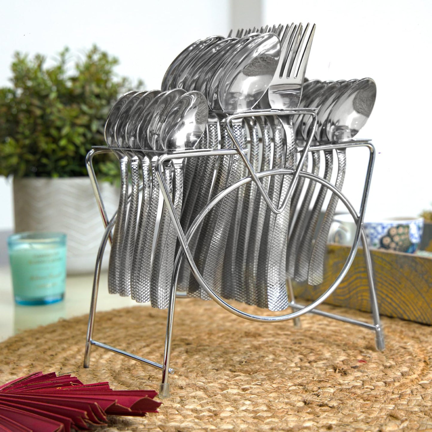25 Pcs Premium Stainless Steel Cutlery Set with Stand for Home & Kitchen | Silver