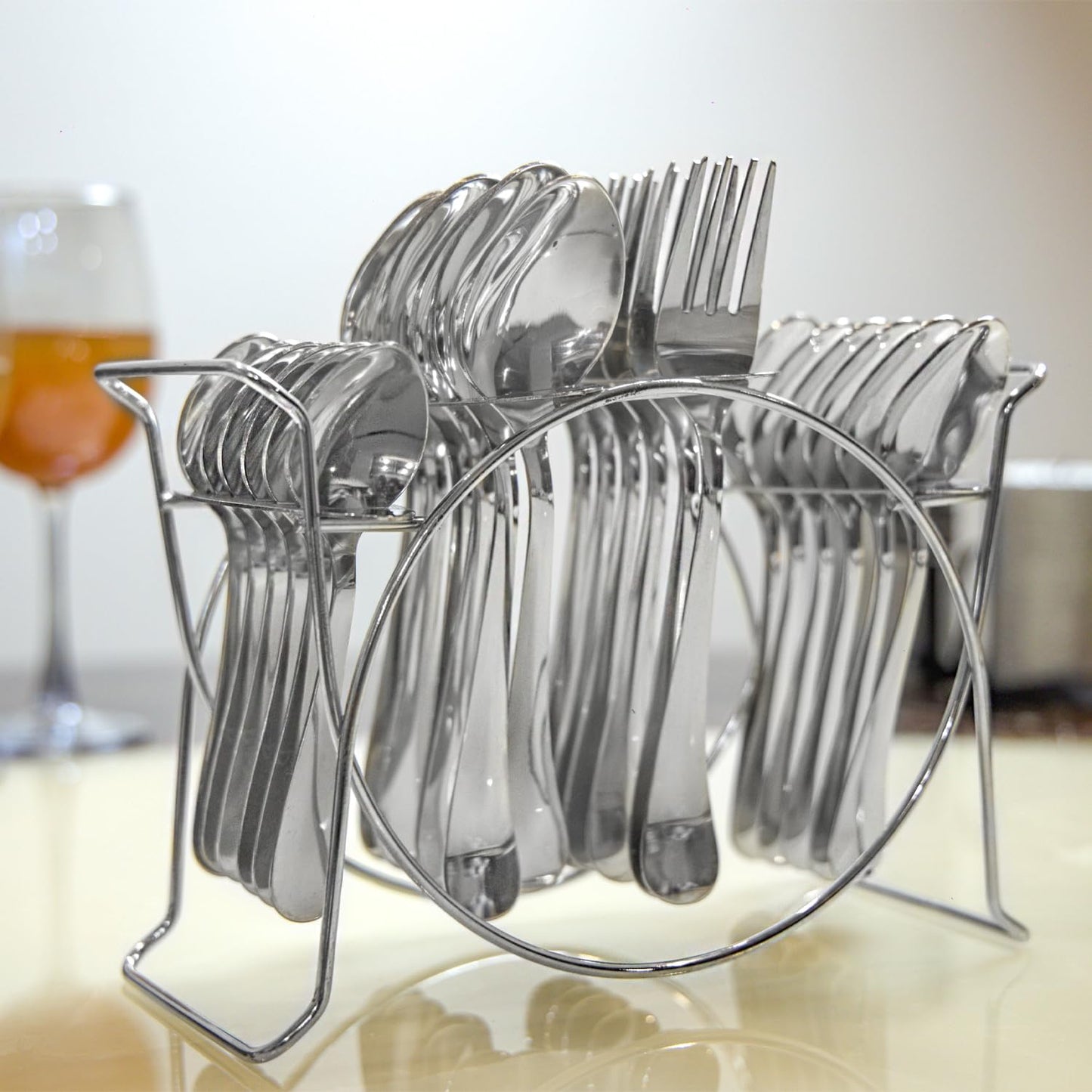 Parage 25 Pieces Aura Stainless Steel Cutlery Set with Stand for Home & Kitchen (Contains: 6 Table Spoons, 6 Forks, 6 Tea Spoons, 6 Dinner Spoons, 1 Stand), Silver