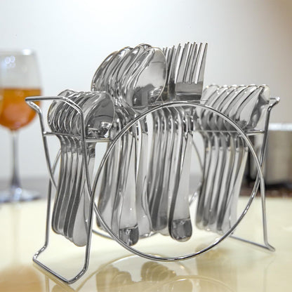 Parage 25 Pieces Aura Stainless Steel Cutlery Set with Stand for Home & Kitchen (Contains: 6 Table Spoons, 6 Forks, 6 Tea Spoons, 6 Dinner Spoons, 1 Stand), Silver