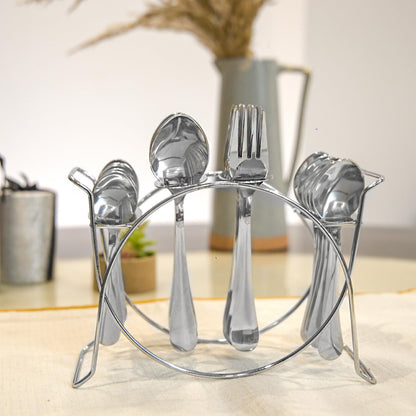 Parage 25 Pieces Aura Stainless Steel Cutlery Set with Stand for Home & Kitchen (Contains: 6 Table Spoons, 6 Forks, 6 Tea Spoons, 6 Dinner Spoons, 1 Stand), Silver