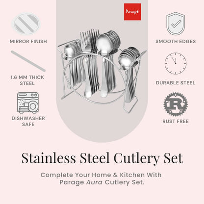 Parage 25 Pieces Aura Stainless Steel Cutlery Set with Stand for Home & Kitchen (Contains: 6 Table Spoons, 6 Forks, 6 Tea Spoons, 6 Dinner Spoons, 1 Stand), Silver