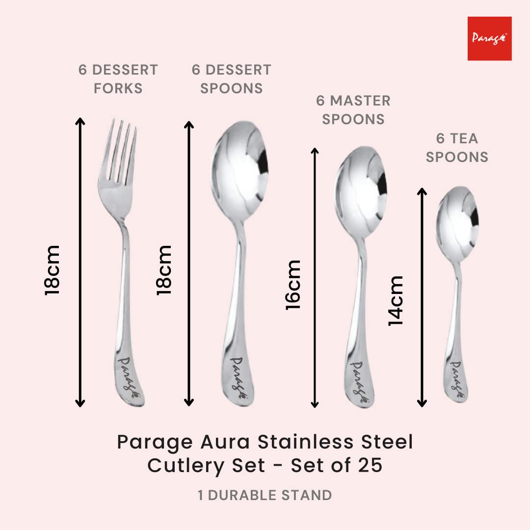 Parage 25 Pieces Aura Stainless Steel Cutlery Set with Stand for Home & Kitchen (Contains: 6 Table Spoons, 6 Forks, 6 Tea Spoons, 6 Dinner Spoons, 1 Stand), Silver