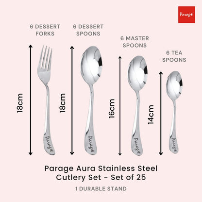 Parage 25 Pieces Aura Stainless Steel Cutlery Set with Stand for Home & Kitchen (Contains: 6 Table Spoons, 6 Forks, 6 Tea Spoons, 6 Dinner Spoons, 1 Stand), Silver