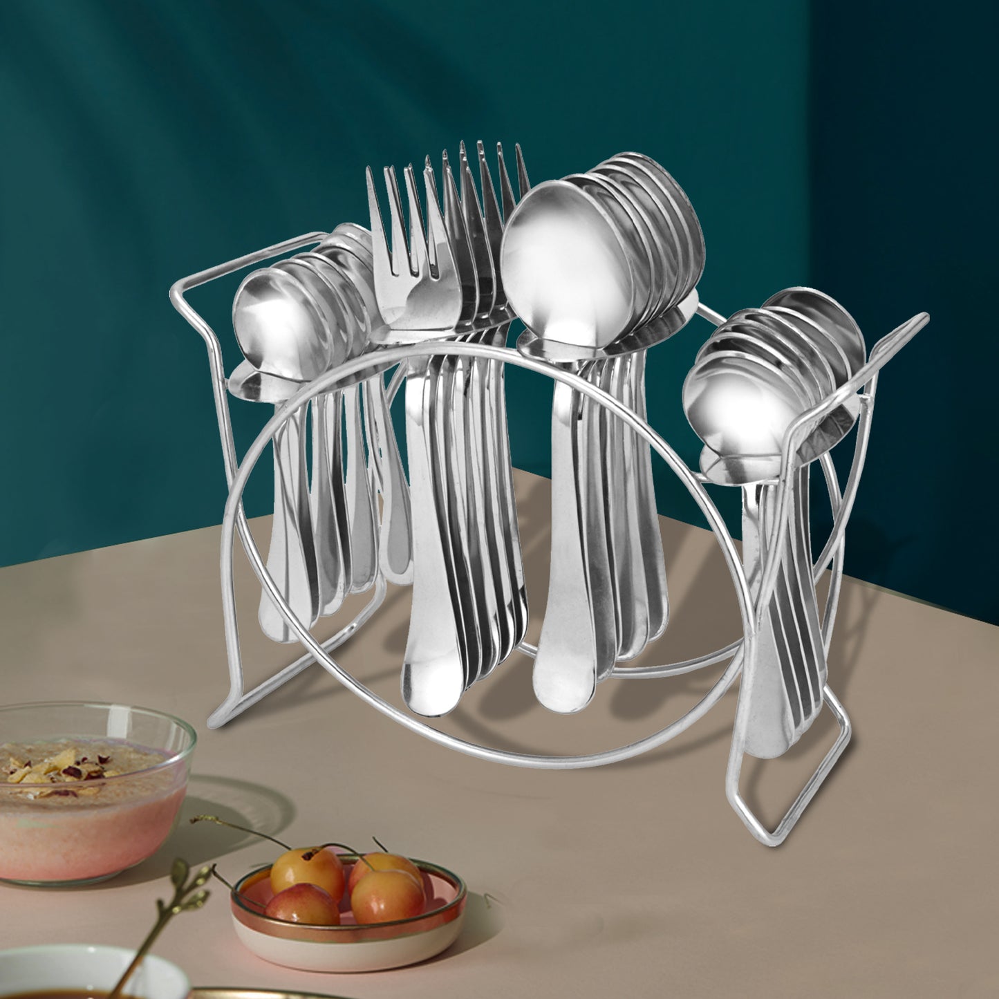 Parage 25 Pieces Aura Stainless Steel Cutlery Set with Stand for Home & Kitchen (Contains: 6 Table Spoons, 6 Forks, 6 Tea Spoons, 6 Dinner Spoons, 1 Stand), Silver