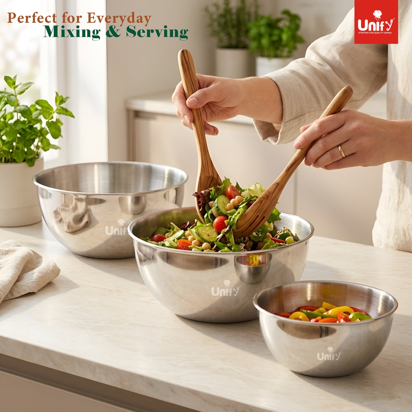3 Pieces Stainless Steel Mixing Bowls Set (1100ml, 2000ml, 3400ml) | Katori/Katora Set | Large Kitchen Bowls for Mixing Dough, Salad, Serving | Heavy Duty & Rust Free 2 Years Warranty