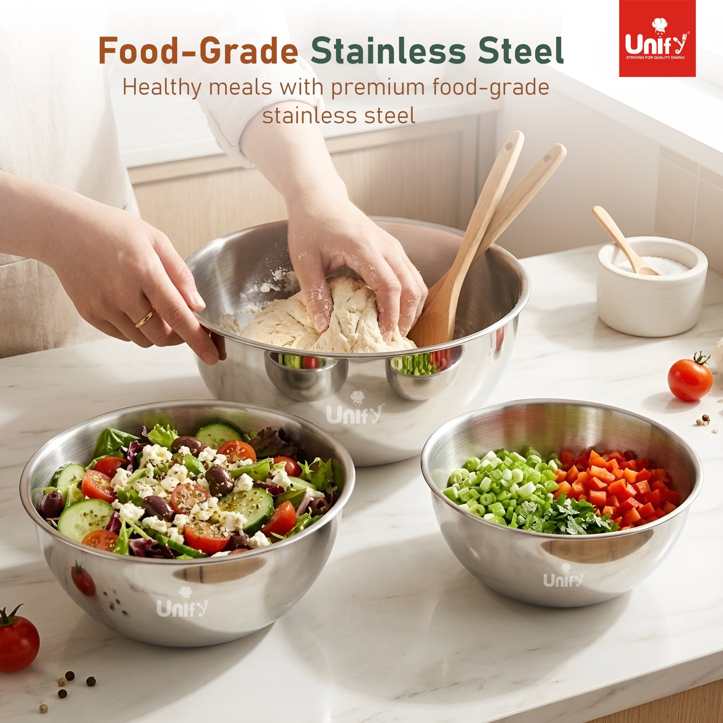 3 Pieces Stainless Steel Mixing Bowls Set (1100ml, 2000ml, 3400ml) | Katori/Katora Set | Large Kitchen Bowls for Mixing Dough, Salad, Serving | Heavy Duty & Rust Free 2 Years Warranty
