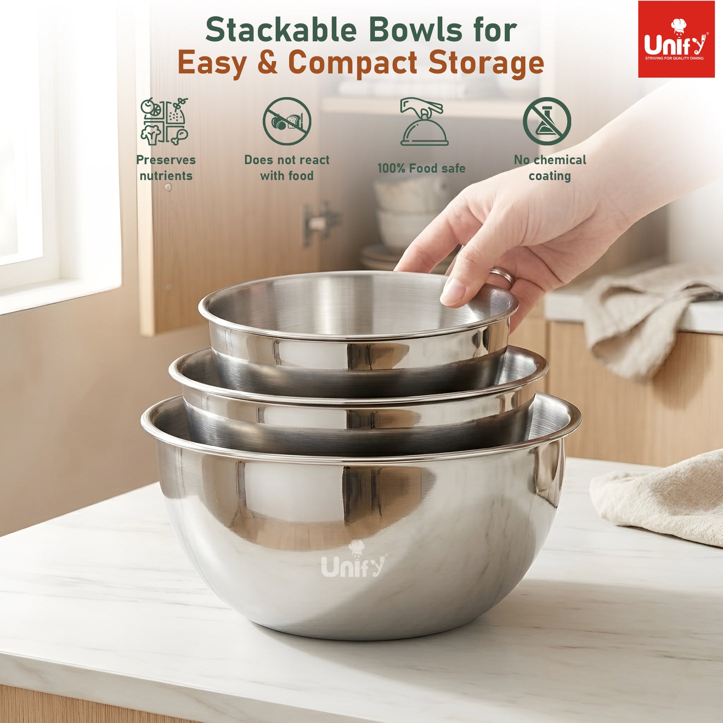3 Pieces Stainless Steel Mixing Bowls Set (1100ml, 2000ml, 3400ml) | Katori/Katora Set | Large Kitchen Bowls for Mixing Dough, Salad, Serving | Heavy Duty & Rust Free 2 Years Warranty