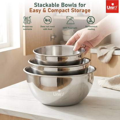 3 Pieces Stainless Steel Mixing Bowls Set (1100ml, 2000ml, 3400ml) | Katori/Katora Set | Large Kitchen Bowls for Mixing Dough, Salad, Serving | Heavy Duty & Rust Free 2 Years Warranty