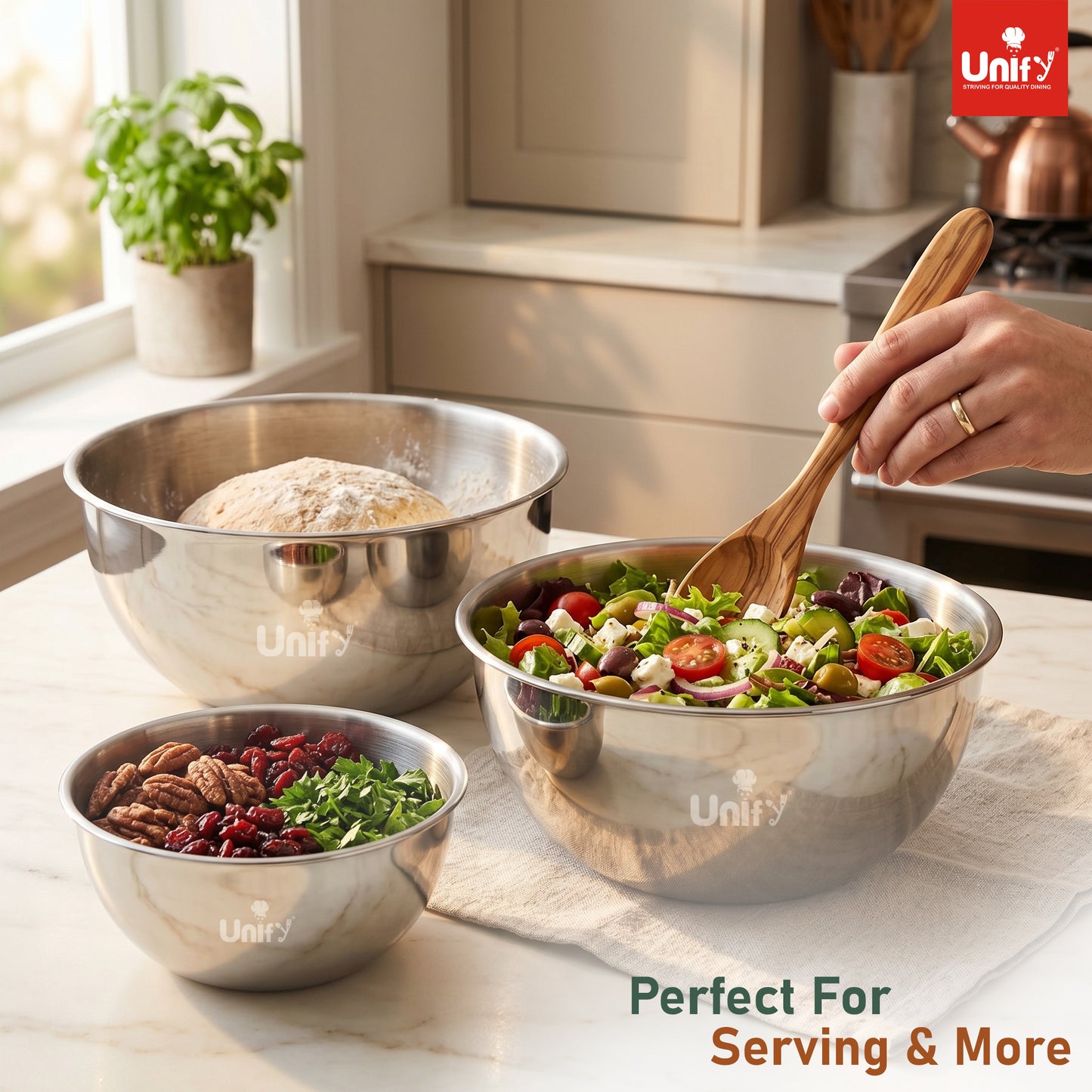 3 Pieces Stainless Steel Mixing Bowls Set (1100ml, 2000ml, 3400ml) | Katori/Katora Set | Large Kitchen Bowls for Mixing Dough, Salad, Serving | Heavy Duty & Rust Free 2 Years Warranty