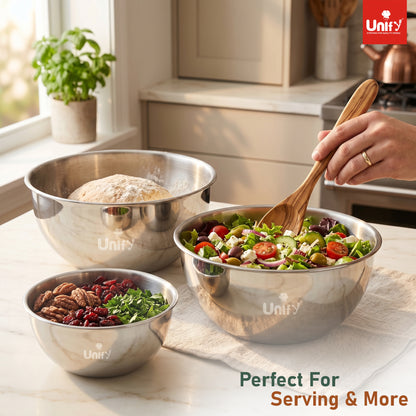 3 Pieces Stainless Steel Mixing Bowls Set (1100ml, 2000ml, 3400ml) | Katori/Katora Set | Large Kitchen Bowls for Mixing Dough, Salad, Serving | Heavy Duty & Rust Free 2 Years Warranty