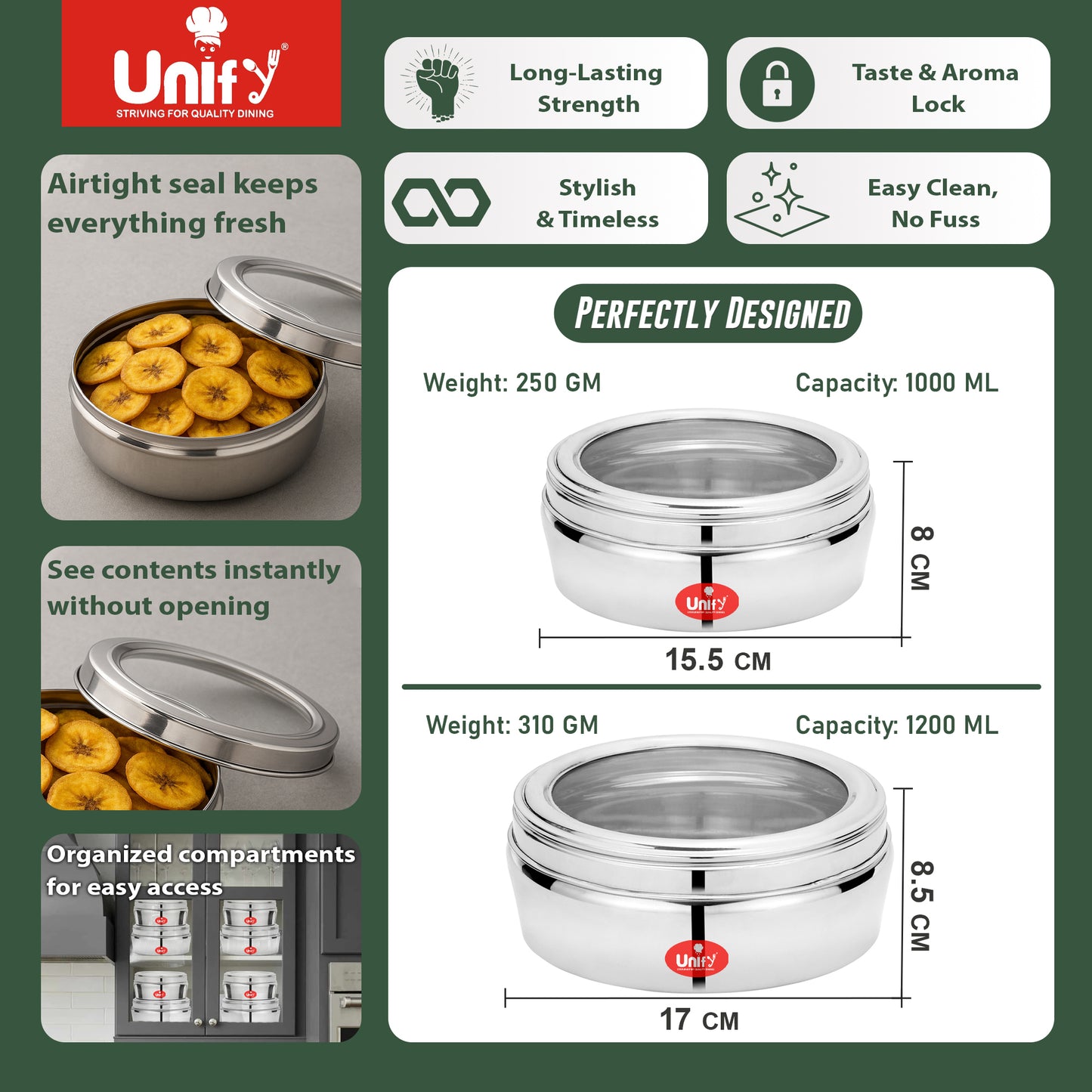 2pc Stainless Steel Storage Containers | 1L & 1.2L Airtight