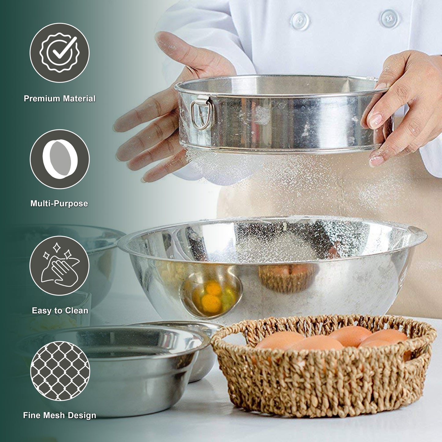 Stainless Steel Atta Chalni Set of 2 | Fine Mesh Flour Sieve for Baking & Kitchen | Durable Steel Flour Strainer for Atta, Maida, Besan | Rust Proof Kitchen Sifter (2 Strainer)