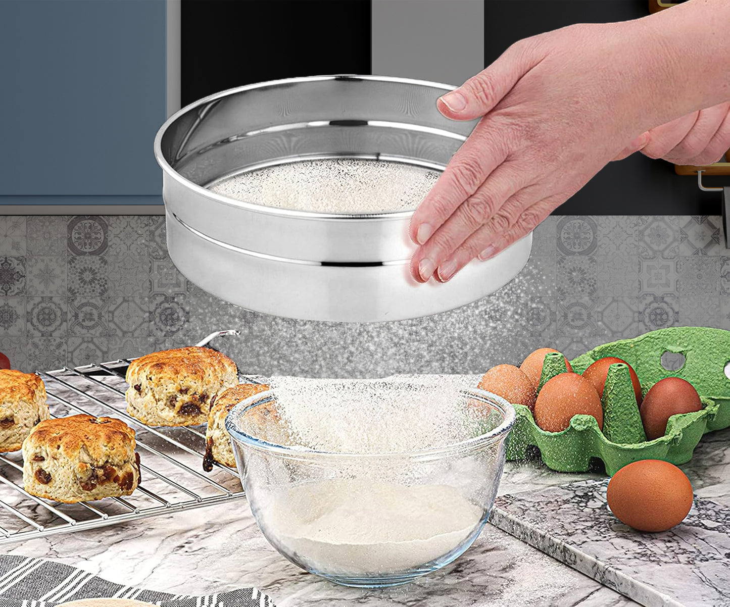 Stainless Steel Atta Chalni Set of 2 | Fine Mesh Flour Sieve for Baking & Kitchen | Durable Steel Flour Strainer for Atta, Maida, Besan | Rust Proof Kitchen Sifter (2 Strainer)