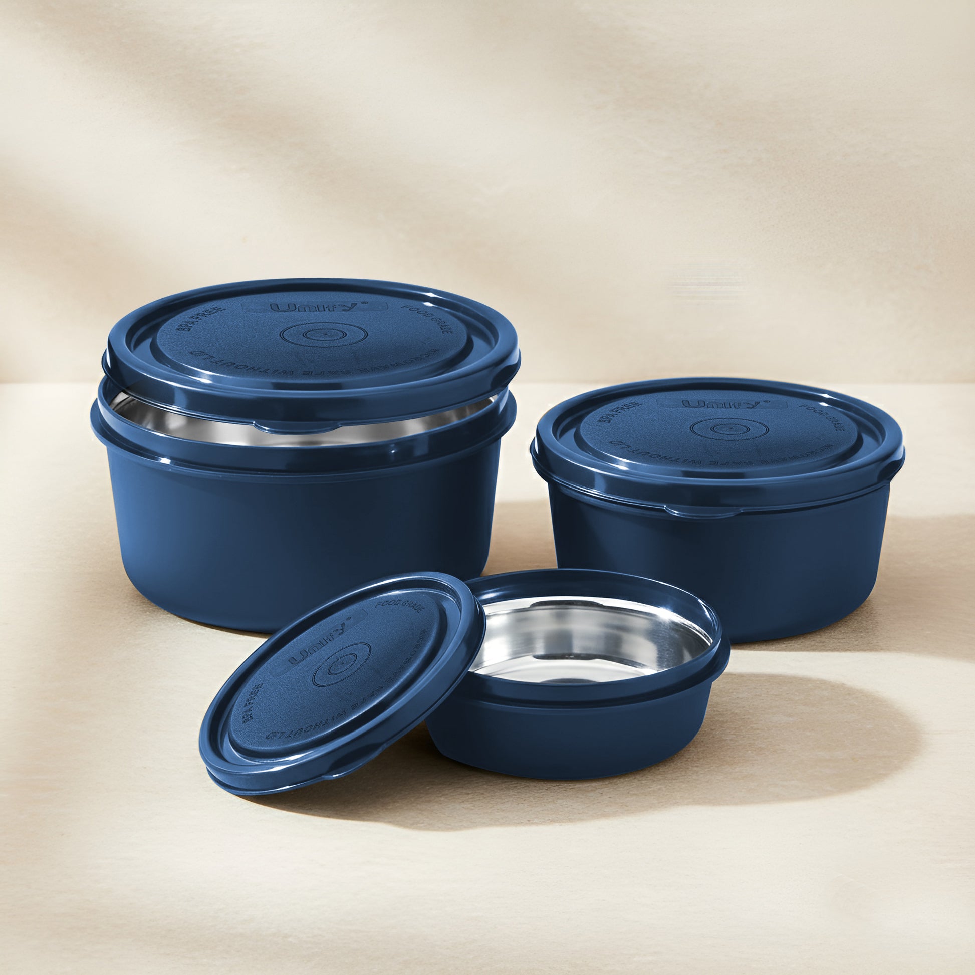 3 Pieces Stainless Steel Lunch Box | Microwave Safe Leak-Proof Food Storage Containers with Lids for Office, School, Kitchen (Blue, Capacity - 600ml, 400ml, 250ml)
