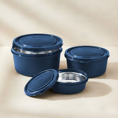 3 Pieces Stainless Steel Lunch Box | Microwave Safe Leak-Proof Food Storage Containers with Lids for Office, School, Kitchen (Blue, Capacity - 600ml, 400ml, 250ml)