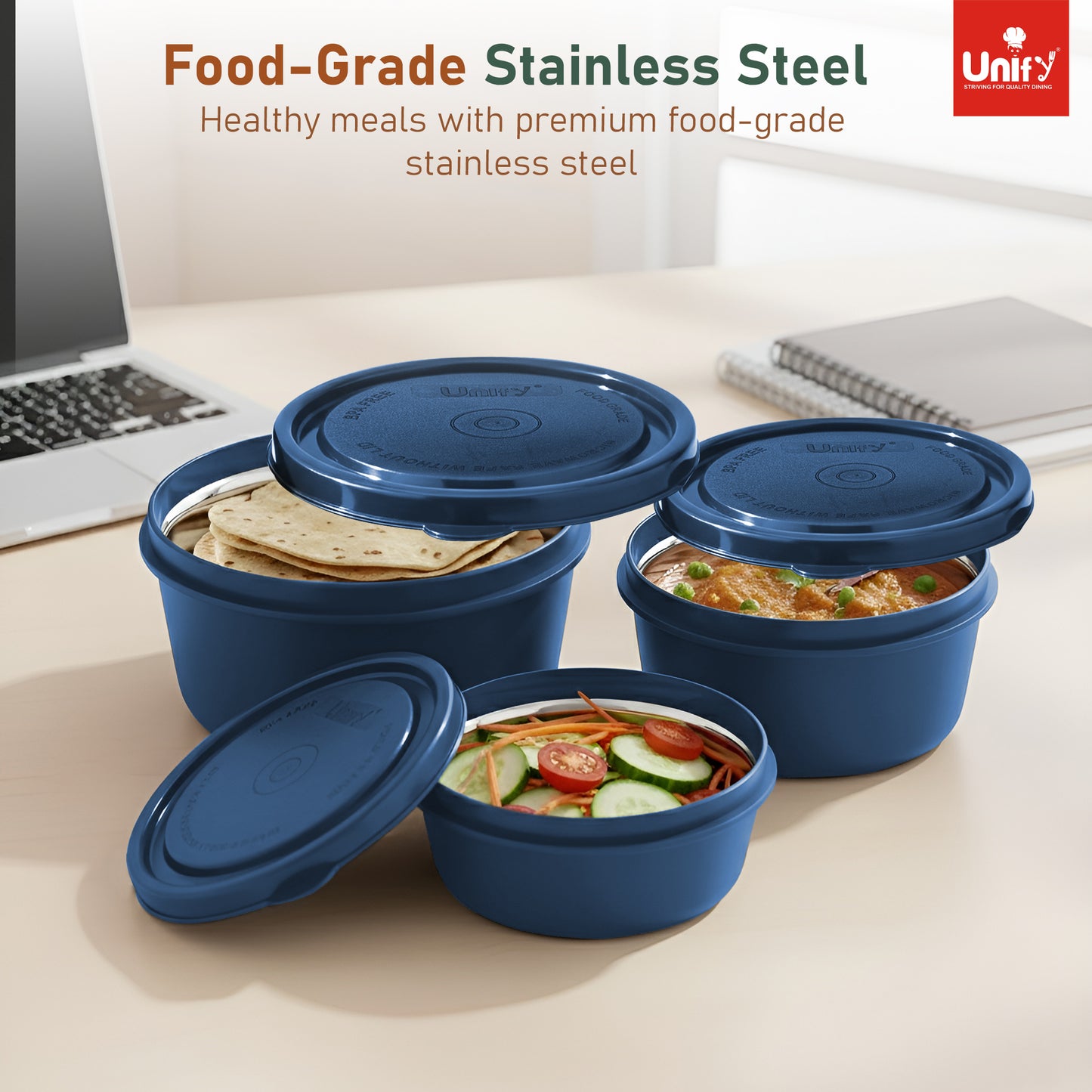 3 Pieces Stainless Steel Lunch Box | Microwave Safe Leak-Proof Food Storage Containers with Lids for Office, School, Kitchen (Blue, Capacity - 600ml, 400ml, 250ml)