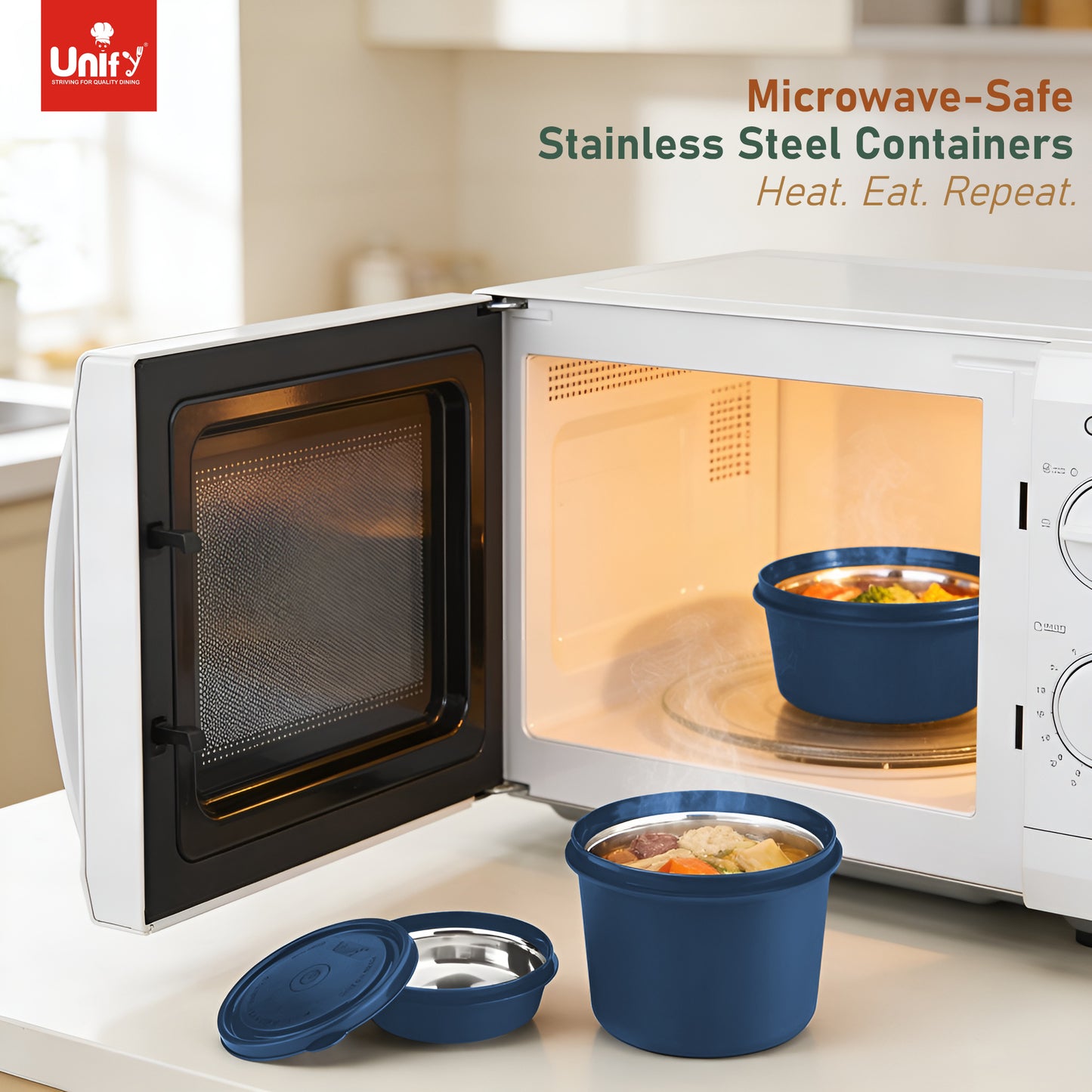 3 Pieces Stainless Steel Lunch Box | Microwave Safe Leak-Proof Food Storage Containers with Lids for Office, School, Kitchen (Blue, Capacity - 600ml, 400ml, 250ml)
