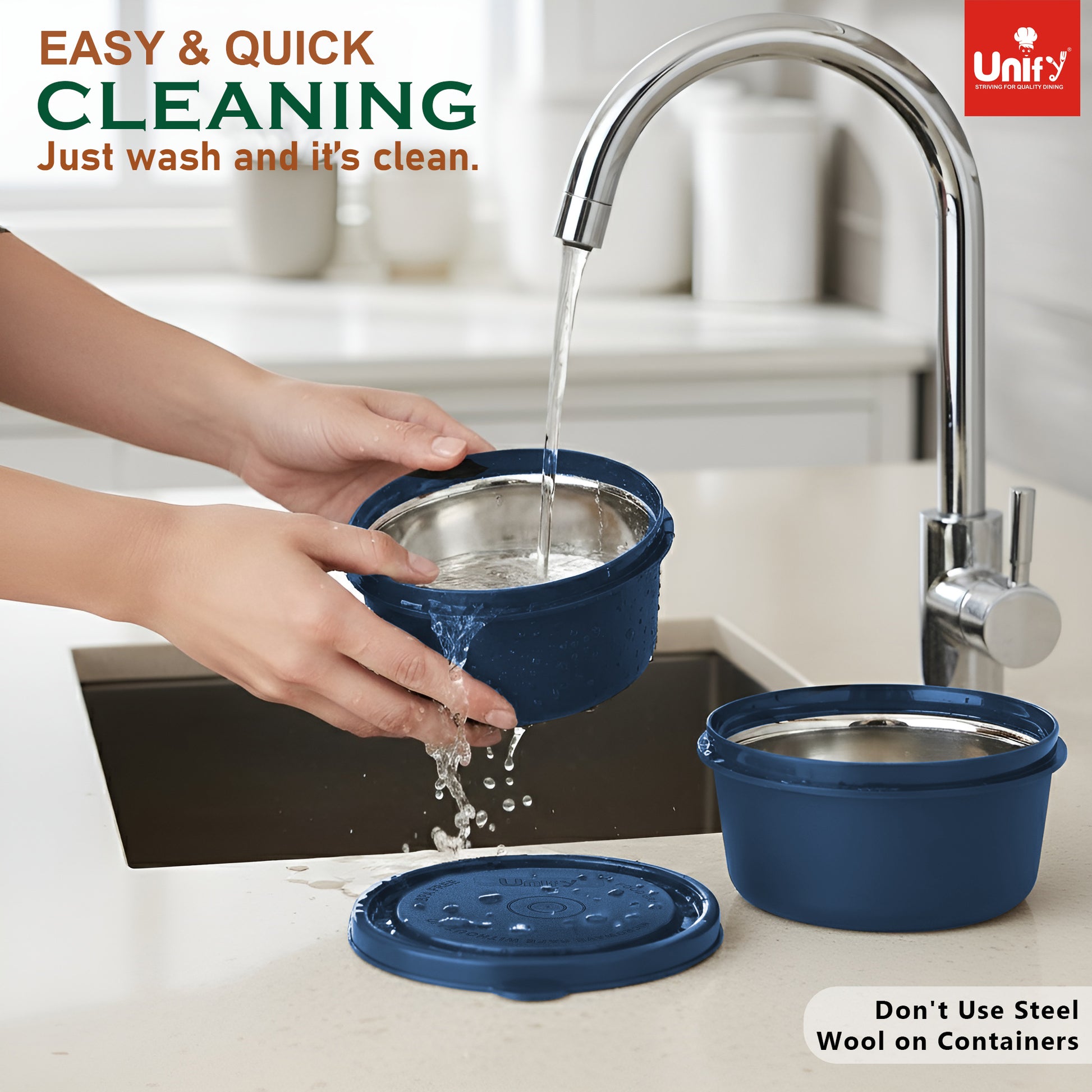 3 Pieces Stainless Steel Lunch Box | Microwave Safe Leak-Proof Food Storage Containers with Lids for Office, School, Kitchen (Blue, Capacity - 600ml, 400ml, 250ml)
