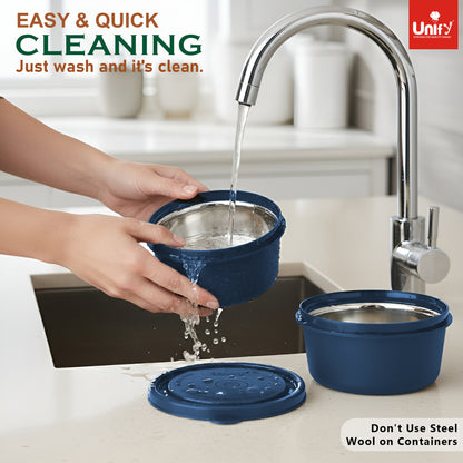 3 Pieces Stainless Steel Lunch Box | Microwave Safe Leak-Proof Food Storage Containers with Lids for Office, School, Kitchen (Blue, Capacity - 600ml, 400ml, 250ml)