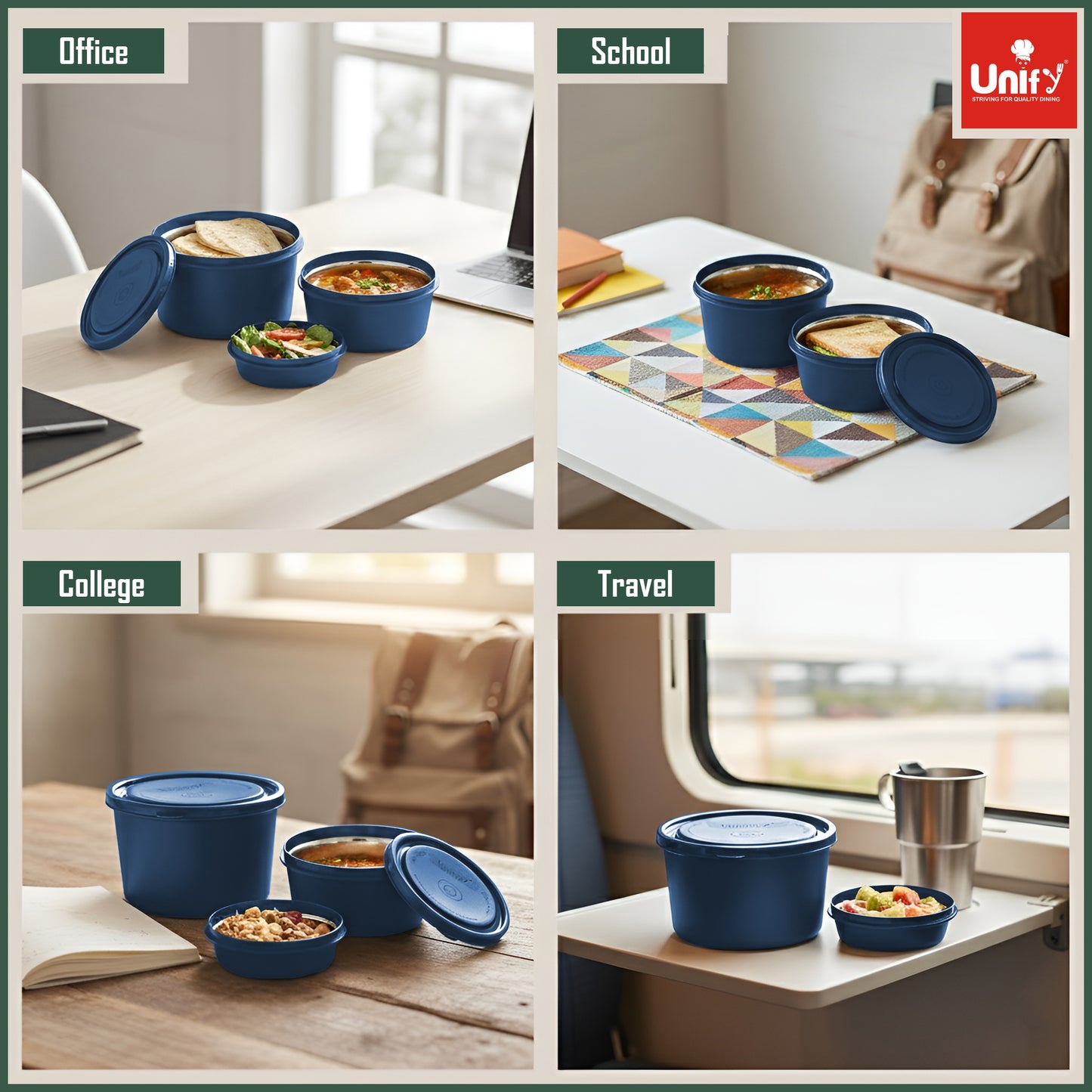 3 Pieces Stainless Steel Lunch Box | Microwave Safe Leak-Proof Food Storage Containers with Lids for Office, School, Kitchen (Blue, Capacity - 600ml, 400ml, 250ml)
