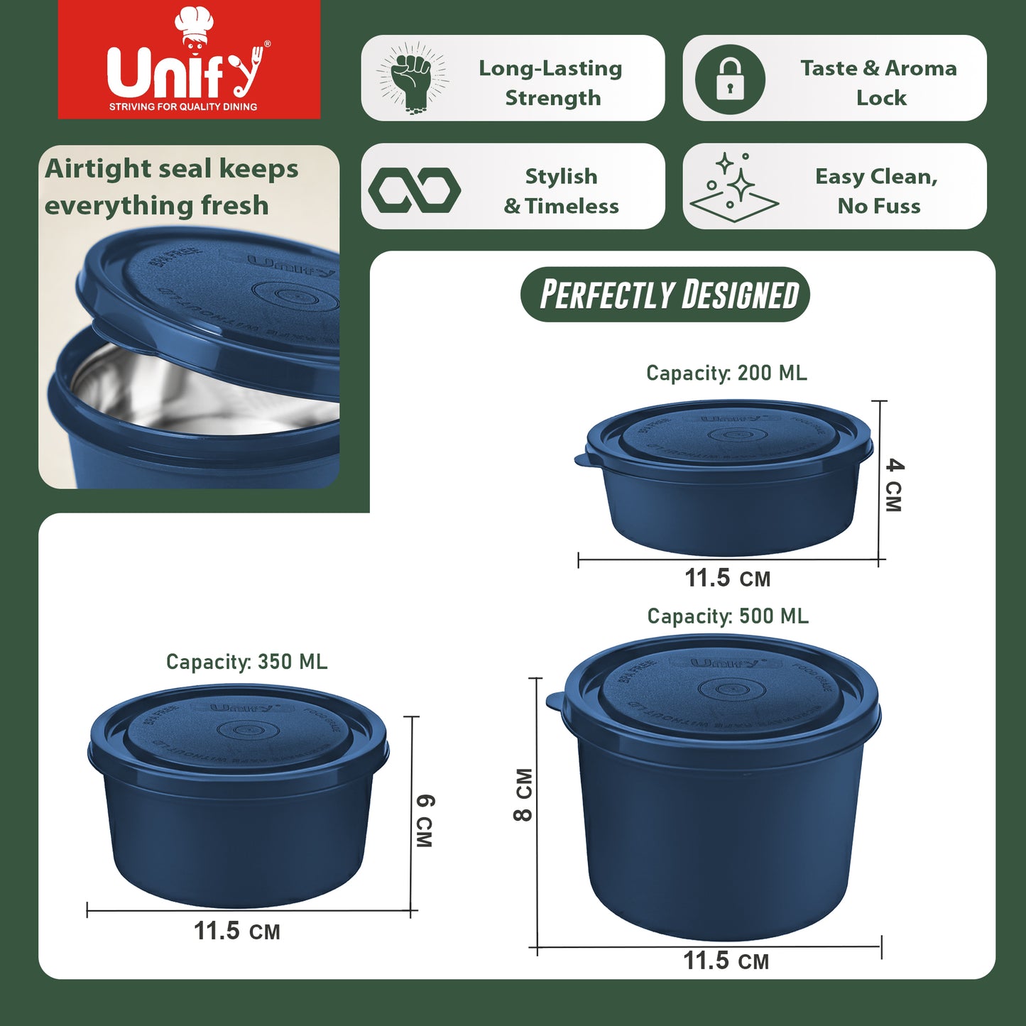 3 Pieces Stainless Steel Lunch Box | Microwave Safe Leak-Proof Food Storage Containers with Lids for Office, School, Kitchen (Blue, Capacity - 600ml, 400ml, 250ml)