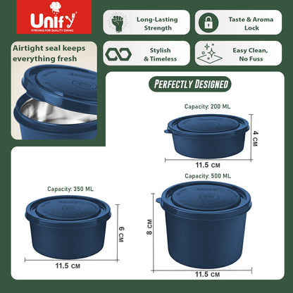 3 Pieces Stainless Steel Lunch Box | Microwave Safe Leak-Proof Food Storage Containers with Lids for Office, School, Kitchen (Blue, Capacity - 600ml, 400ml, 250ml)