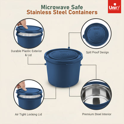 3 Pieces Stainless Steel Lunch Box | Microwave Safe Leak-Proof Food Storage Containers with Lids for Office, School, Kitchen (Blue, Capacity - 600ml, 400ml, 250ml)