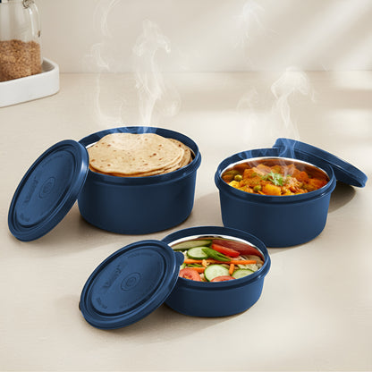 3 Pieces Stainless Steel Lunch Box | Microwave Safe Leak-Proof Food Storage Containers with Lids for Office, School, Kitchen (Blue, Capacity - 600ml, 400ml, 250ml)