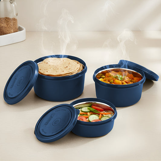 3 Pieces Stainless Steel Lunch Box | Microwave Safe Leak-Proof Food Storage Containers with Lids for Office, School, Kitchen (Blue, Capacity - 600ml, 400ml, 250ml)